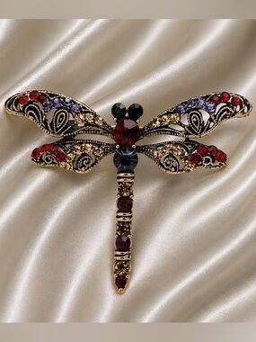 Dragonfly Red Crystal Gold Brooch
